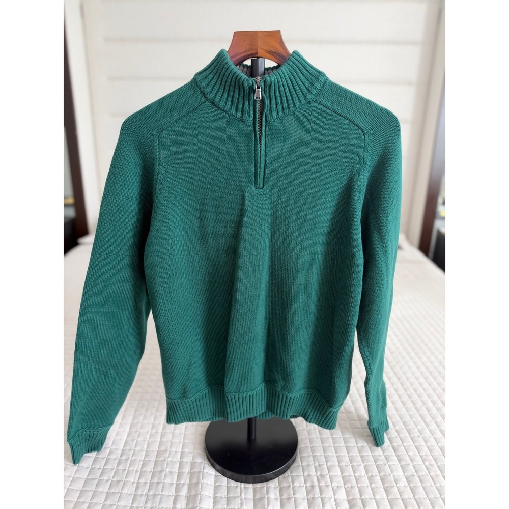 Lands End Drifter Mens Large Green Cotton Quarter Zip Mock Neck Sweater Raglan